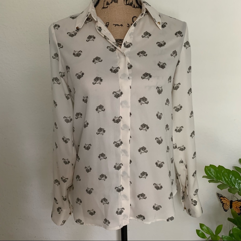Zara Women Silky White Animal Print Button Down. Size Small.
